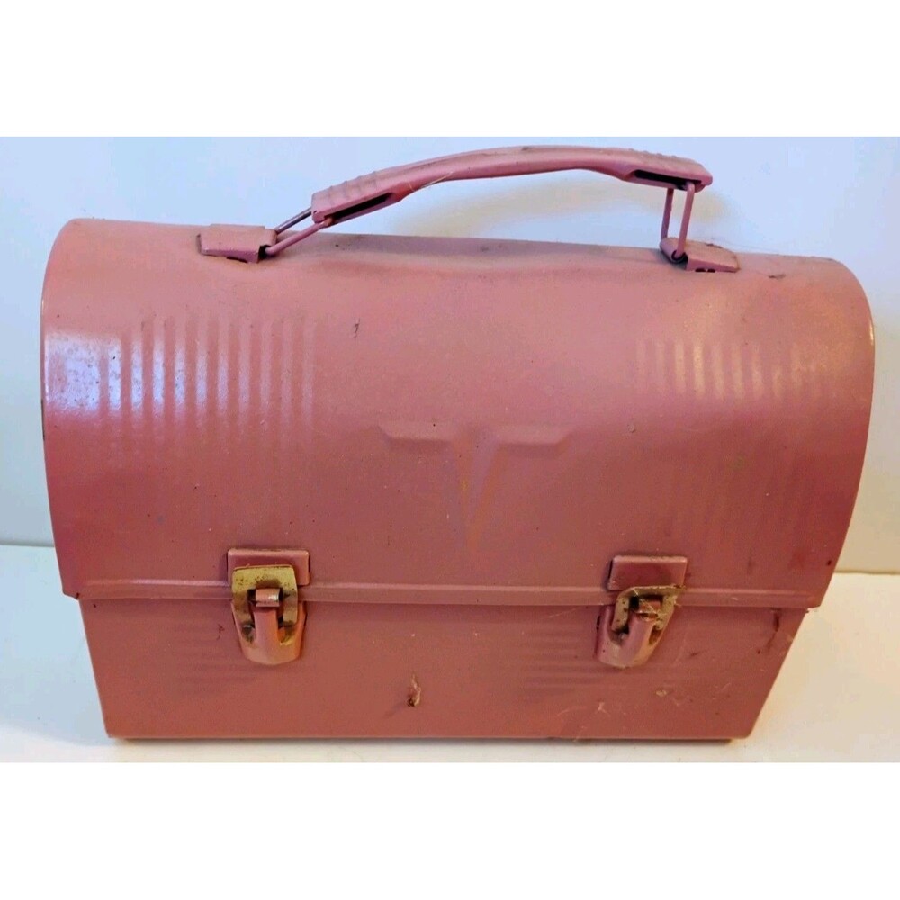 Vintage Thermos Metal Dome Top Lunchbox Embossed Star Crosshair Industrial Pink